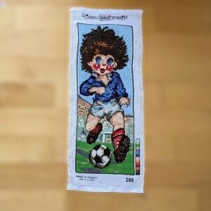 VINTAGE Big Eye Boy Needlepoint Soccer Player Completed embroidery Retro @K